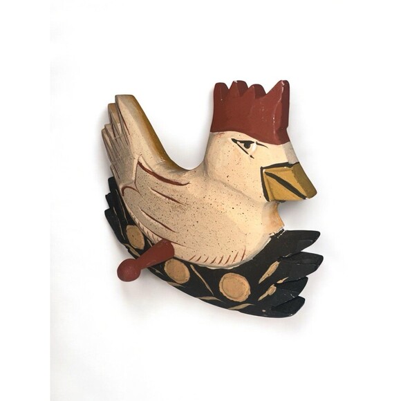 Hand Carved Wooden Chicken Rooster Folk Art Wall Hook Rustic Farmhouse Decor - Picture 2 of 12